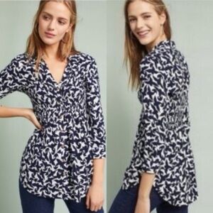 Anthropologie Maeve Alexa Bird Print Linen Blend Smocked Tunic Top Size Small